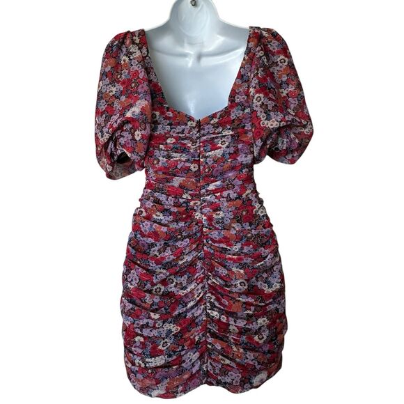 Zara XS Floral Print Puff Sleeve Ruched coquette feminine Mini Dress Blogger Fav - Picture 3 of 15